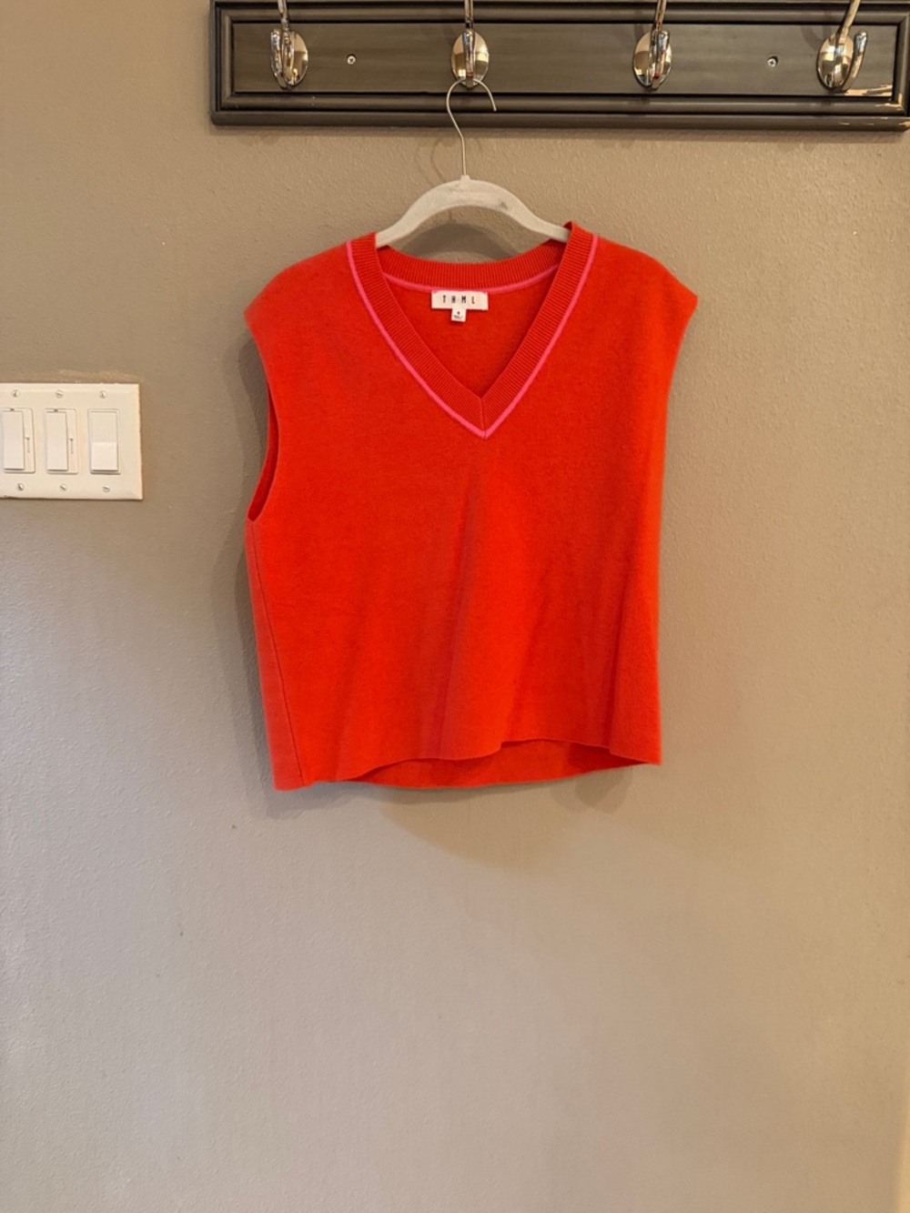 THML Bright Red V-Neck Sleeveless Knit Vest with Pink Trim